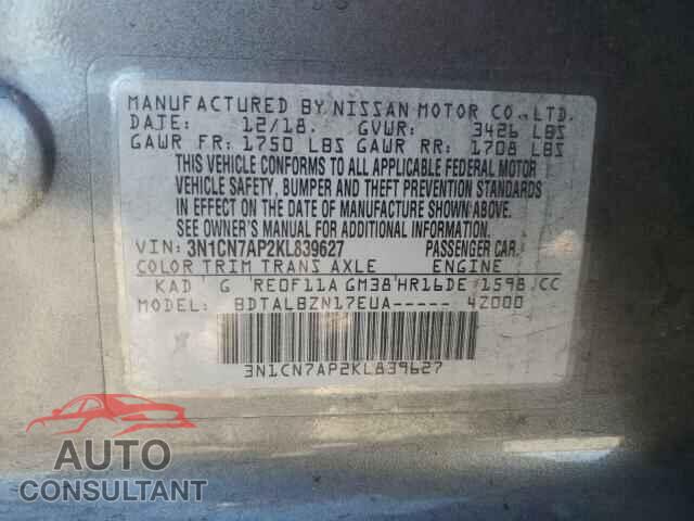 NISSAN VERSA 2019 - 3N1CN7AP2KL839627