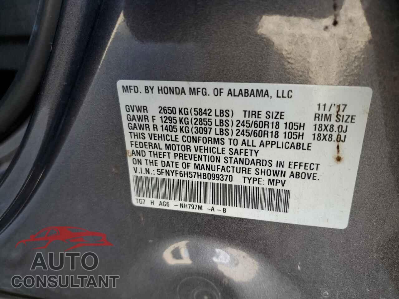 HONDA PILOT 2017 - 5FNYF6H57HB099370