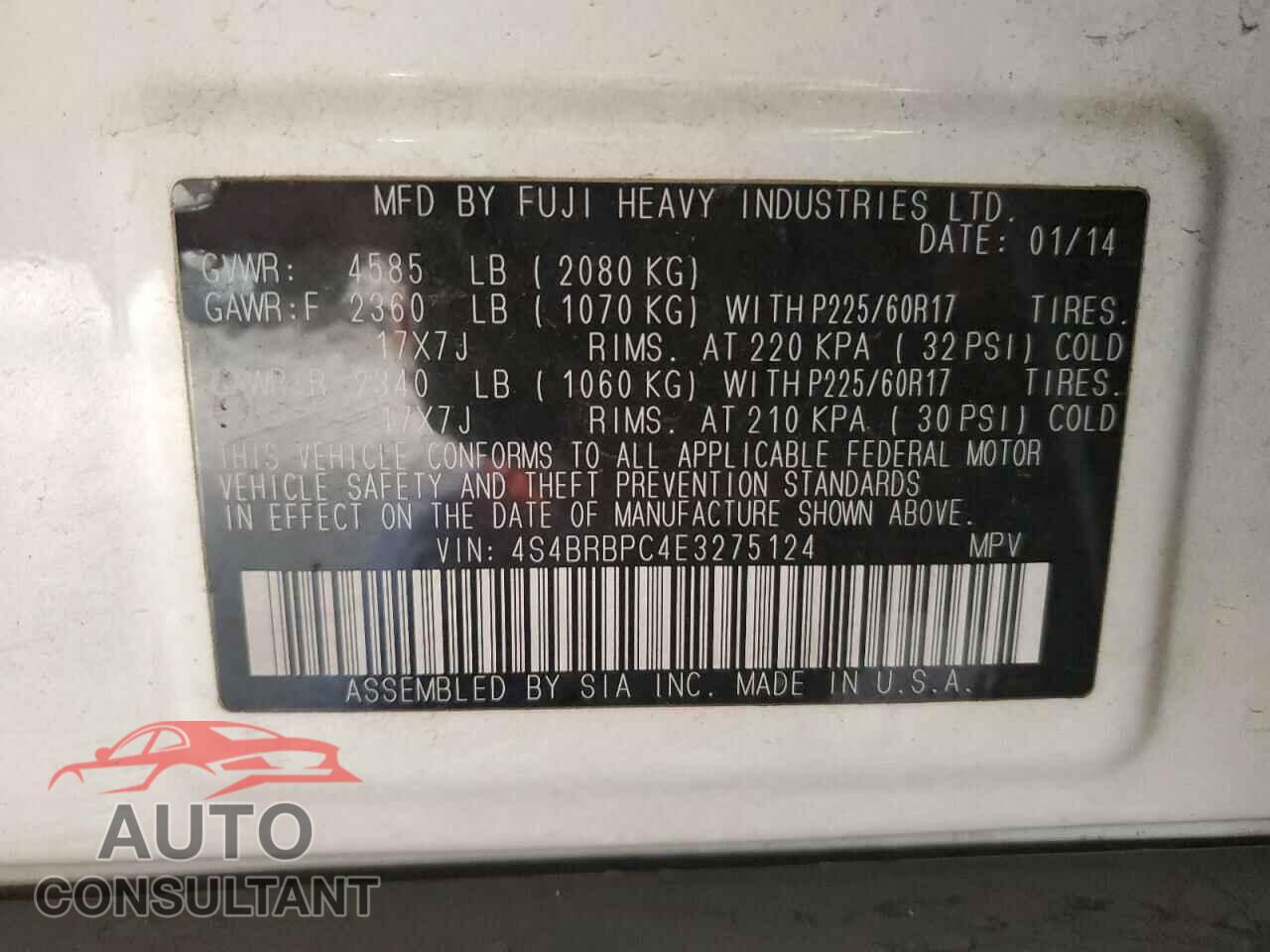 SUBARU OUTBACK 2014 - 4S4BRBPC4E3275124