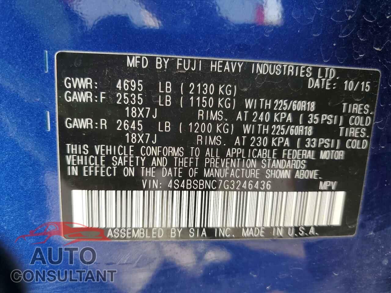 SUBARU OUTBACK 2016 - 4S4BSBNC7G3246436