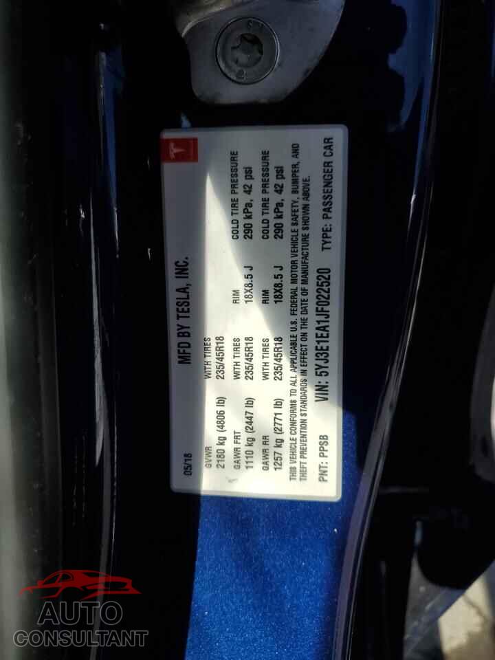 TESLA MODEL 3 2018 - 5YJ3E1EA1JF022520