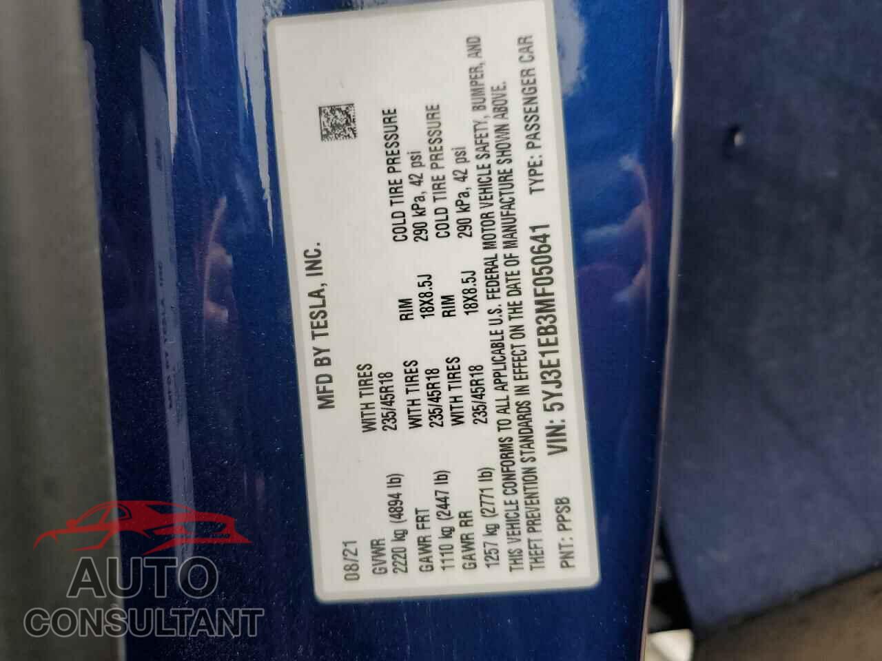 TESLA MODEL 3 2021 - 5YJ3E1EB3MF050641