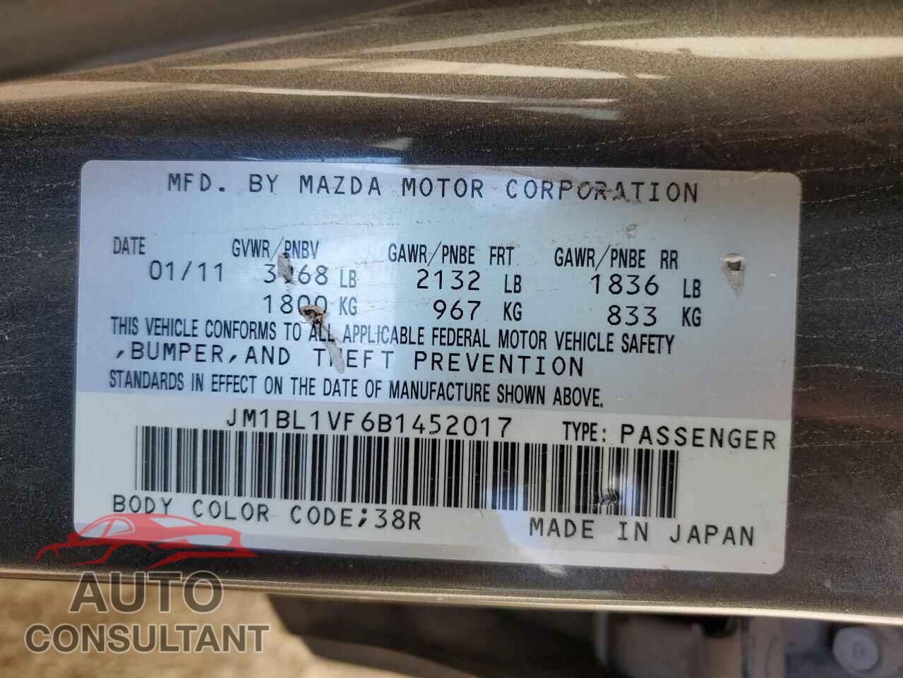 MAZDA 3 2011 - JM1BL1VF6B1452017