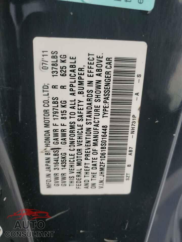 HONDA CRZ 2011 - JHMZF1D61BS016448