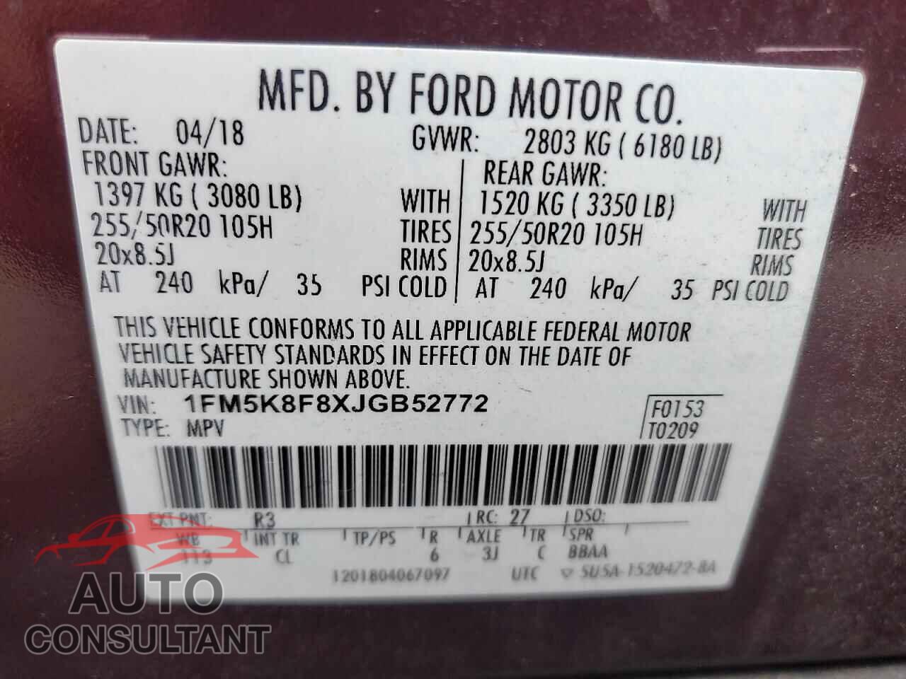 FORD EXPLORER 2018 - 1FM5K8F8XJGB52772