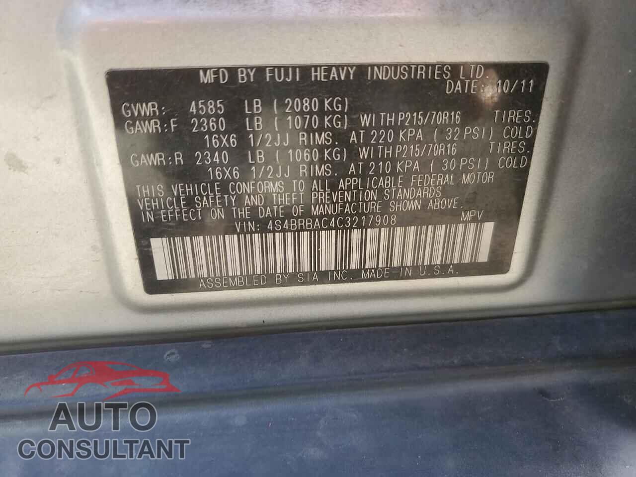 SUBARU OUTBACK 2012 - 4S4BRBAC4C3217908