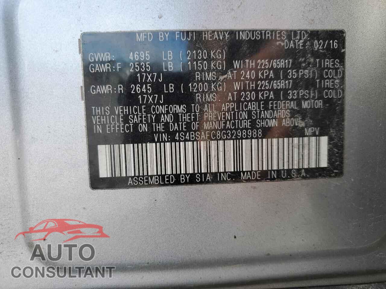 SUBARU OUTBACK 2016 - 4S4BSAFC8G3298988