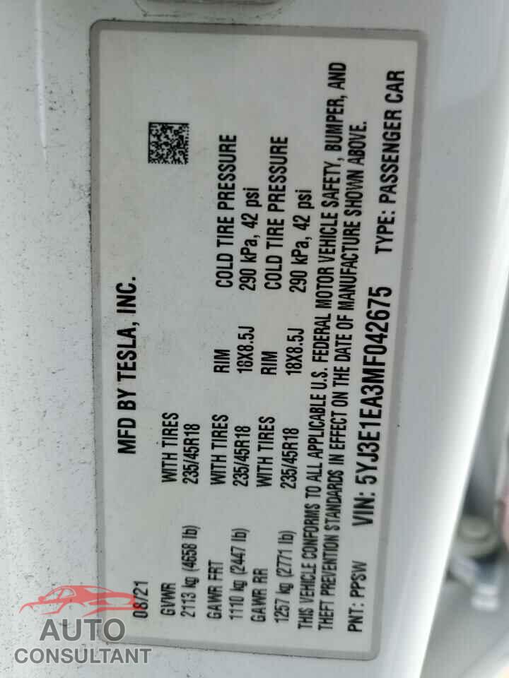 TESLA MODEL 3 2021 - 5YJ3E1EA3MF042675