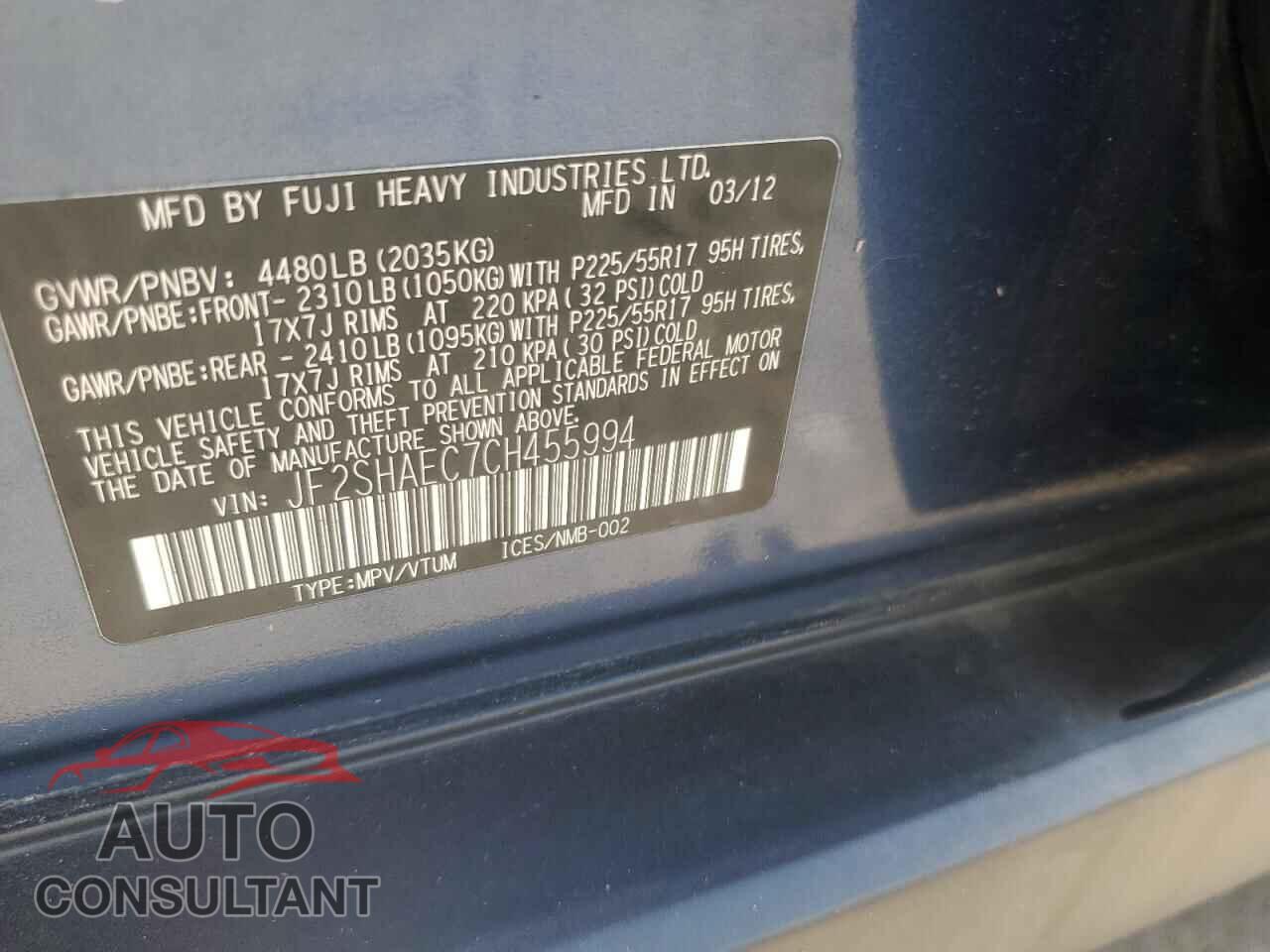 SUBARU FORESTER 2012 - JF2SHAEC7CH455994