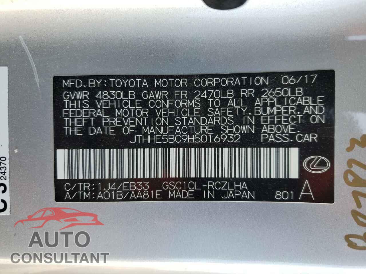 LEXUS RX350 2017 - JTHHE5BC9H5016932