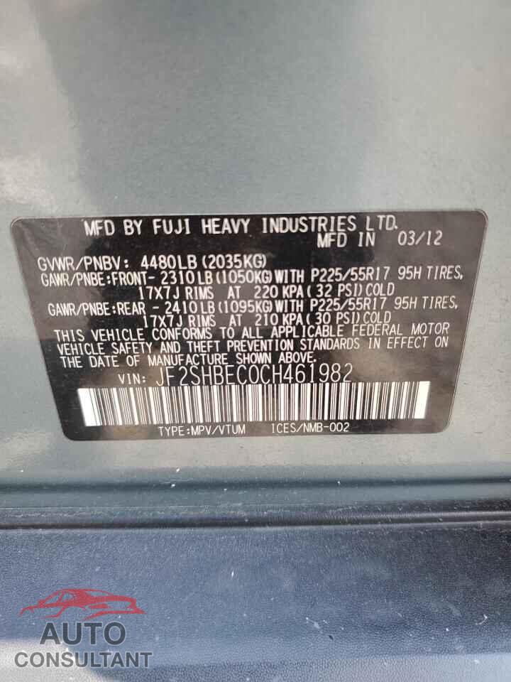SUBARU FORESTER 2012 - JF2SHBEC0CH461982