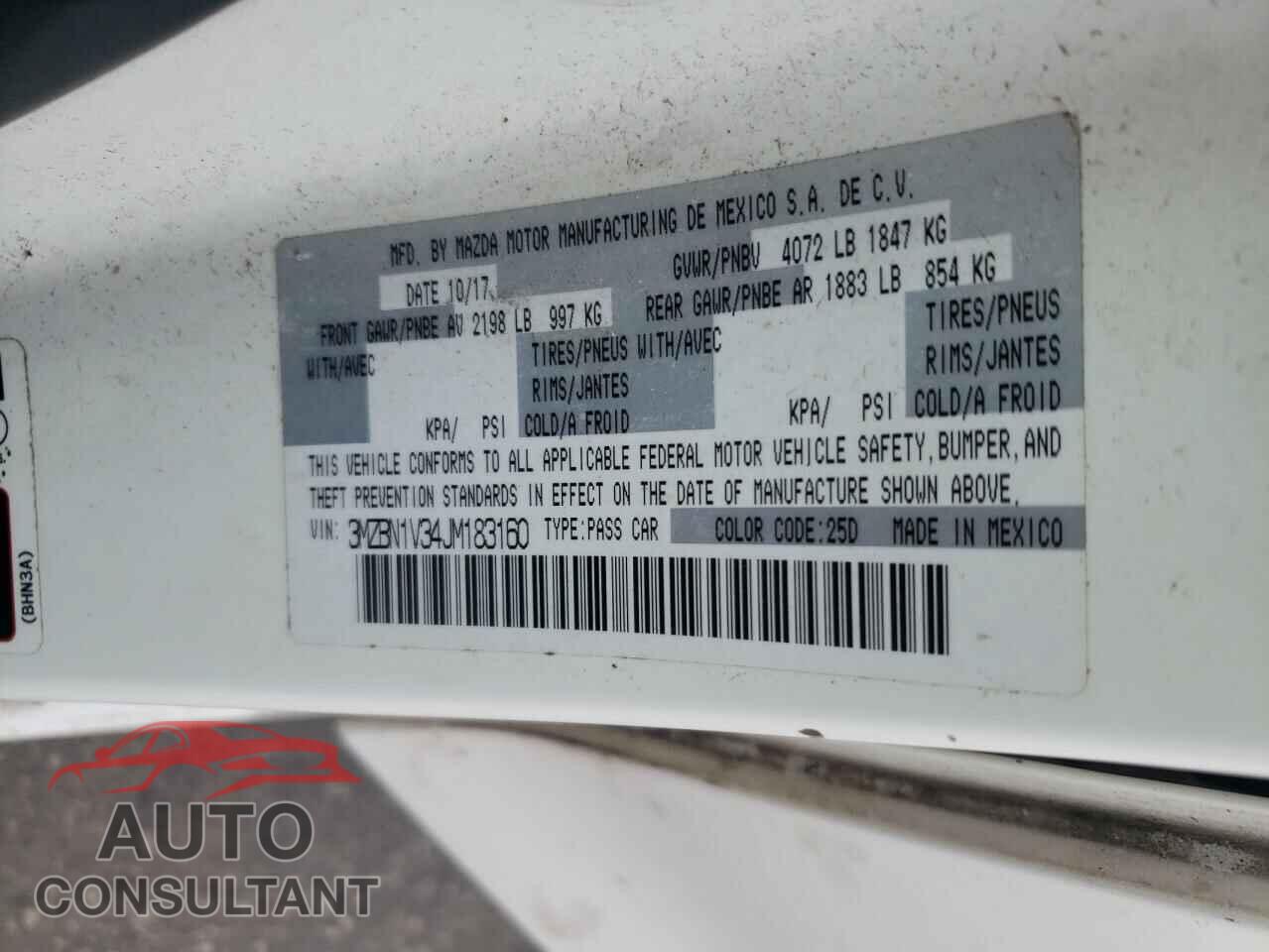 MAZDA 3 2018 - 3MZBN1V34JM183160