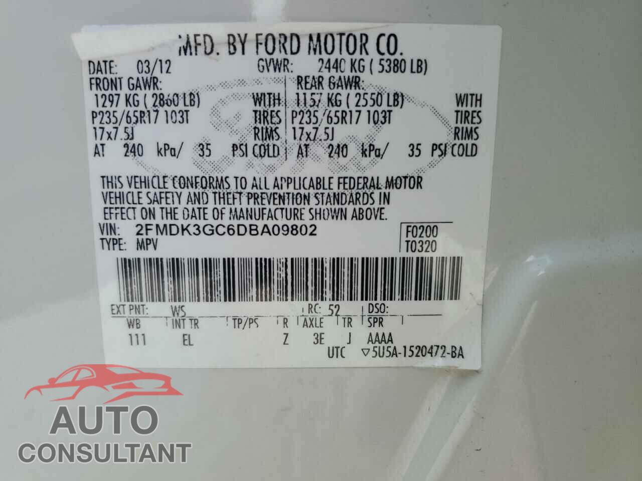 FORD EDGE 2013 - 2FMDK3GC6DBA09802