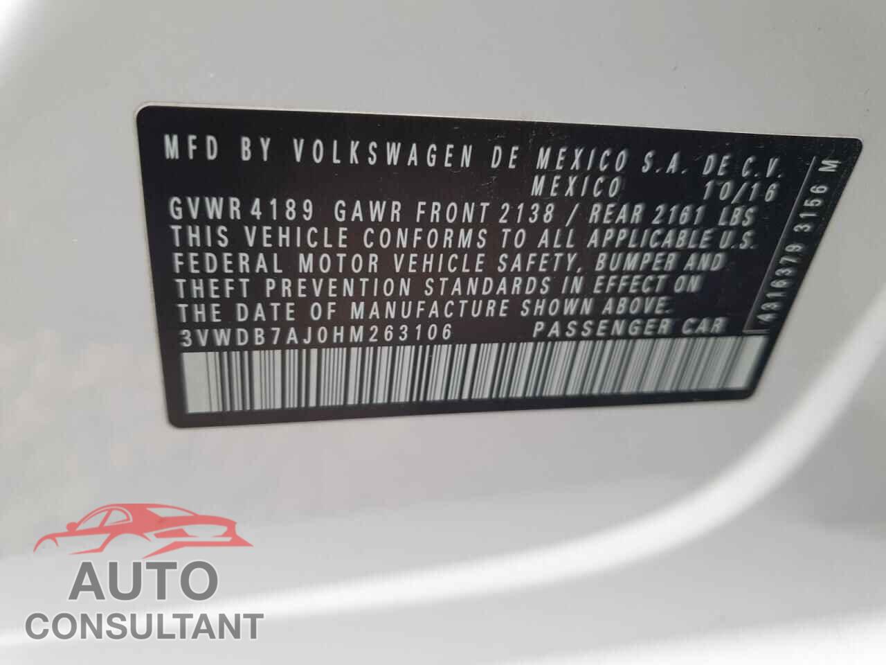 VOLKSWAGEN JETTA 2017 - 3VWDB7AJ0HM263106