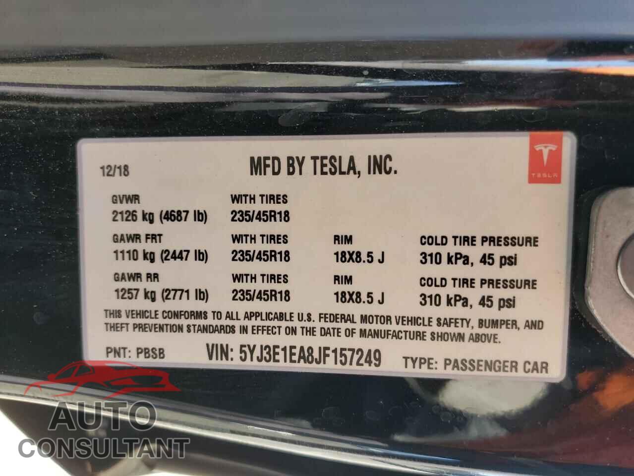 TESLA MODEL 3 2018 - 5YJ3E1EA8JF157249