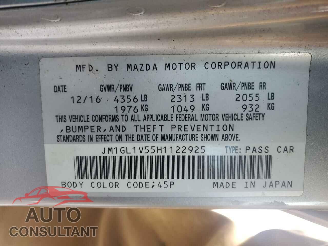 MAZDA 6 2017 - JM1GL1V55H1122925
