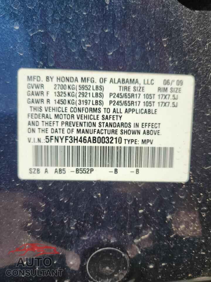 HONDA PILOT 2010 - 5FNYF3H46AB003210