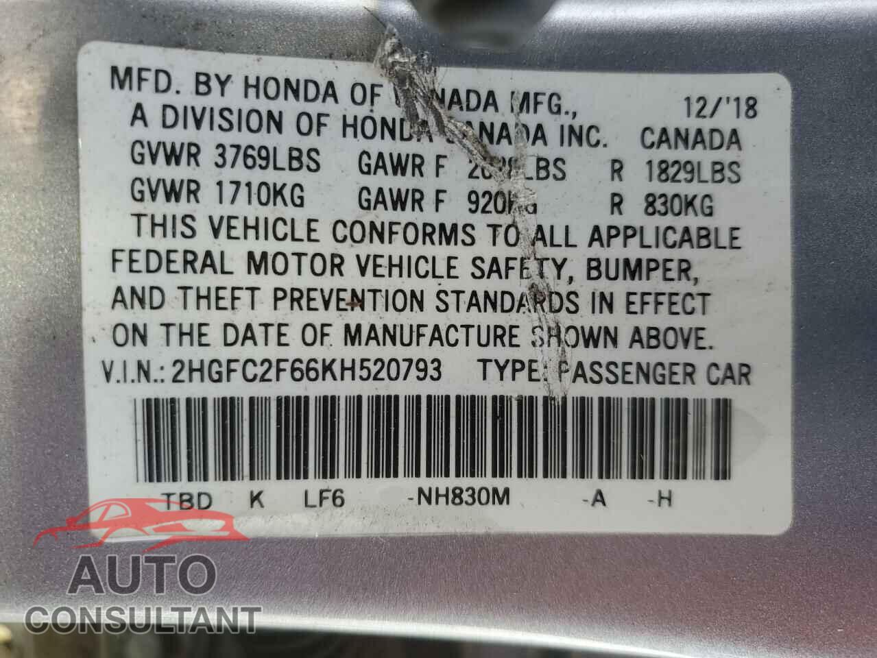 HONDA CIVIC 2019 - 2HGFC2F66KH520793