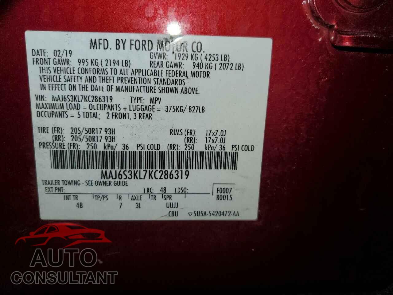 FORD ECOSPORT 2019 - MAJ6S3KL7KC286319