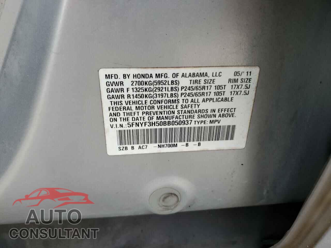 HONDA PILOT 2011 - 5FNYF3H50BB050937
