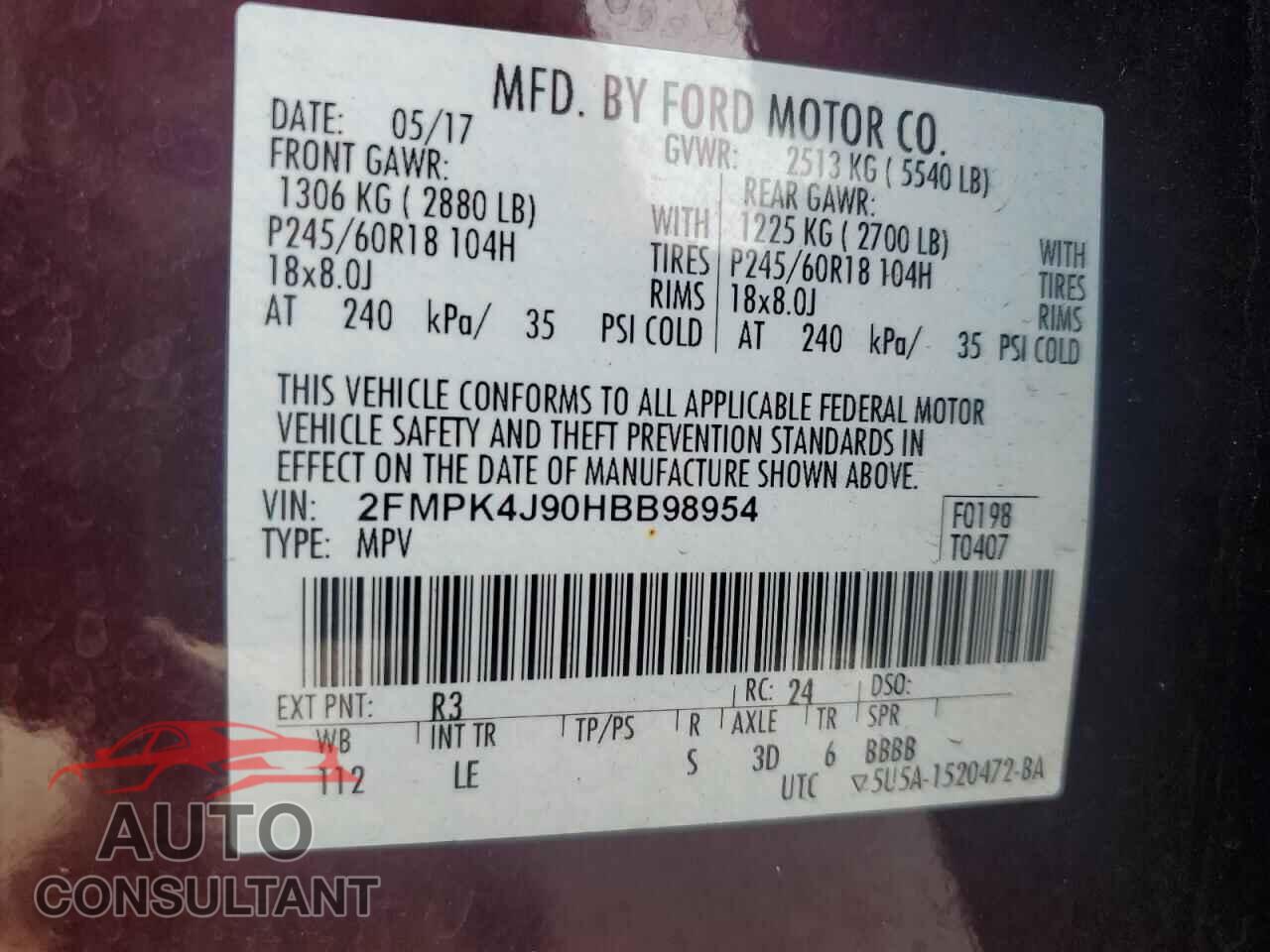 FORD EDGE 2017 - 2FMPK4J90HBB98954