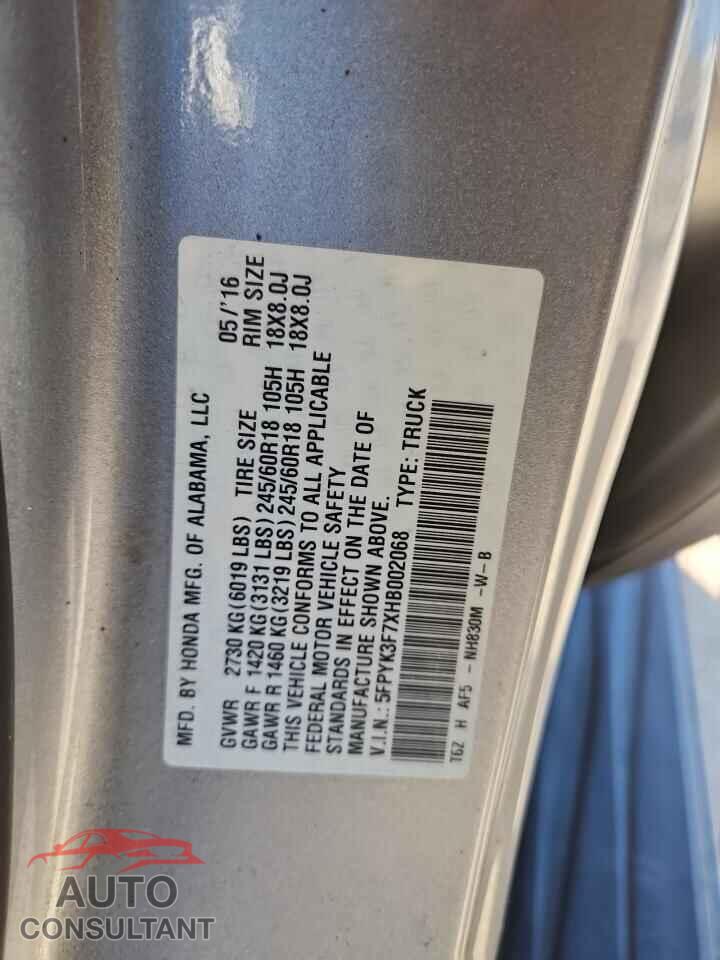 HONDA RIDGELINE 2017 - 5FPYK3F7XHB002068