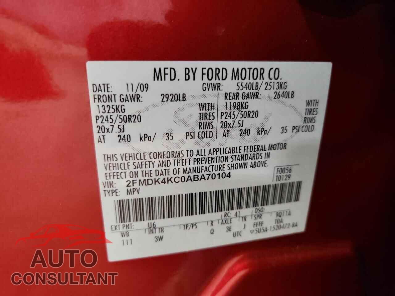 FORD EDGE 2010 - 2FMDK4KC0ABA70104