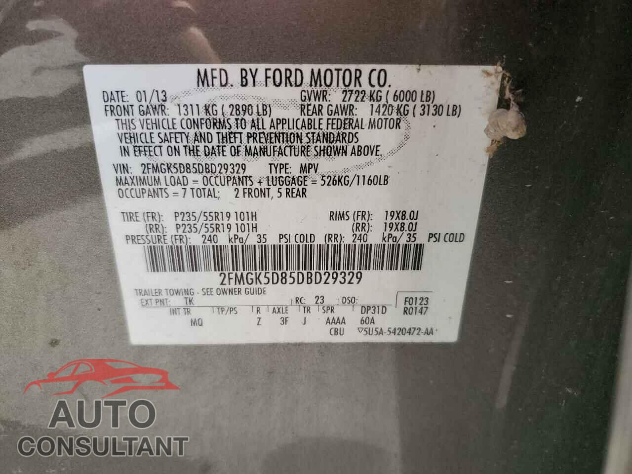 FORD FLEX 2013 - 2FMGK5D85DBD29329