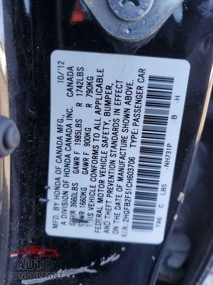 HONDA CIVIC 2012 - 2HGFB2F51CH603706