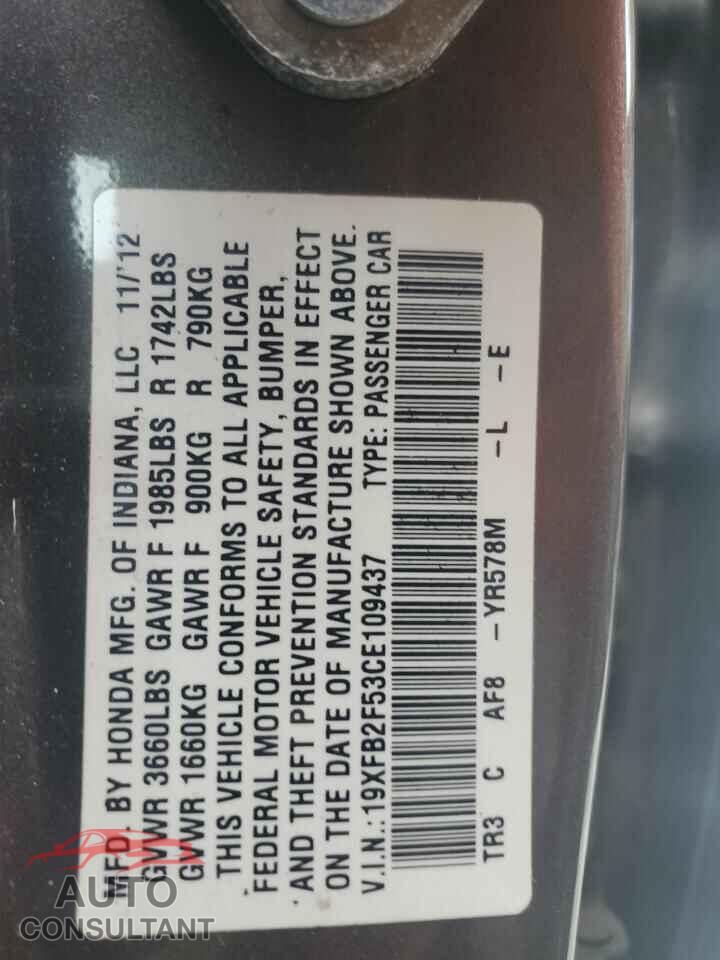 HONDA CIVIC 2012 - 19XFB2F53CE109437