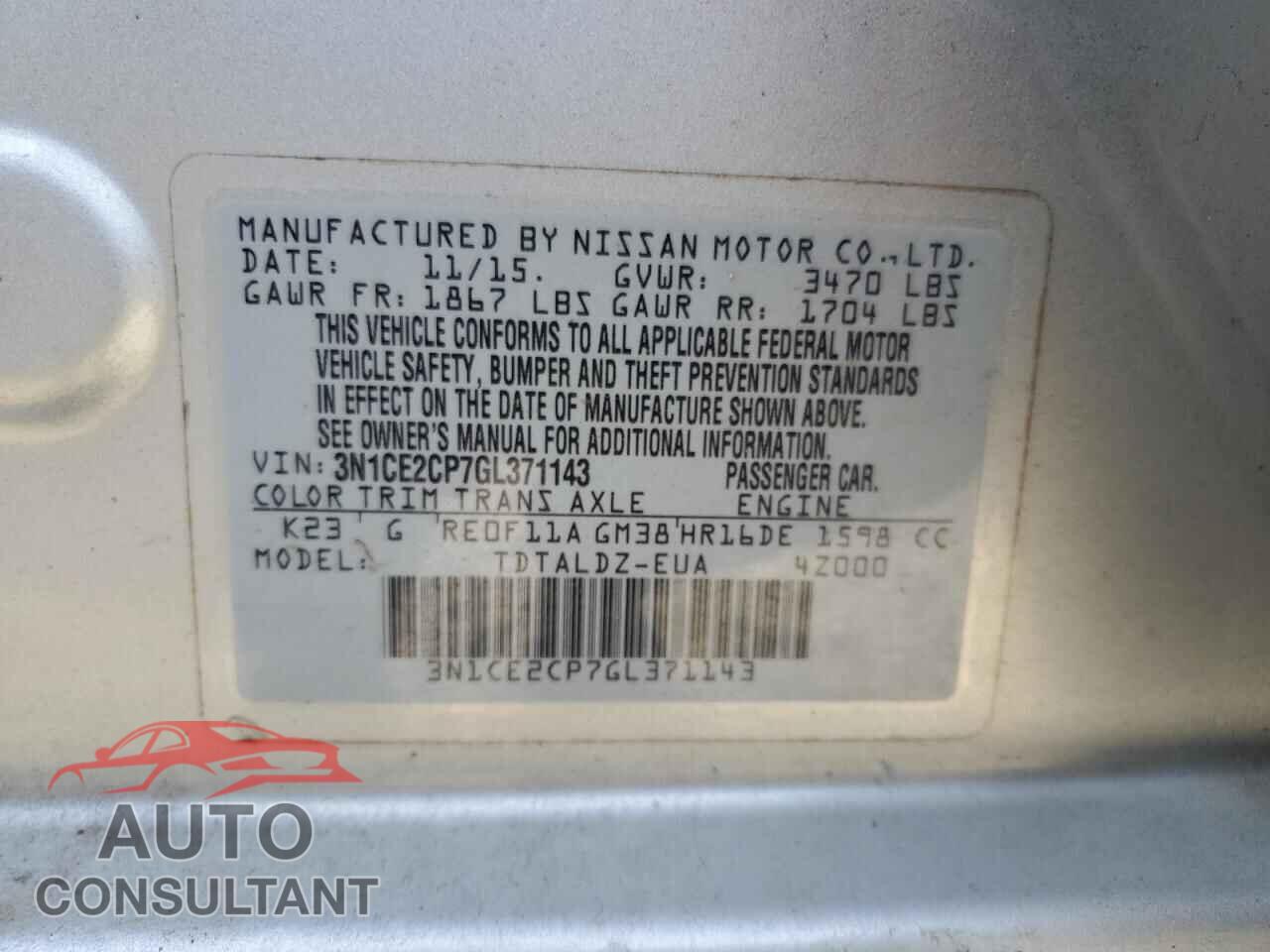 NISSAN VERSA 2016 - 3N1CE2CP7GL371143