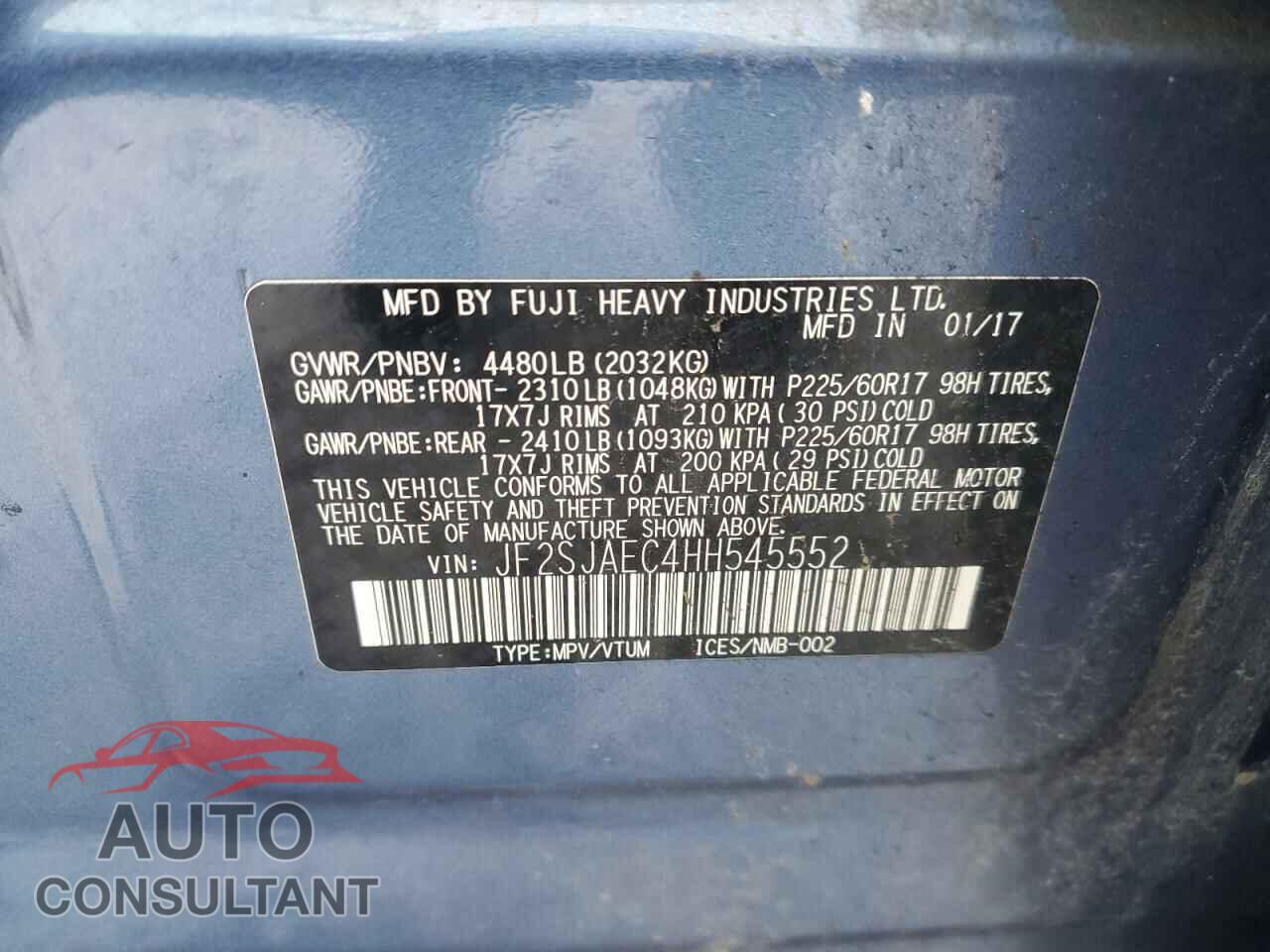 SUBARU FORESTER 2017 - JF2SJAEC4HH545552