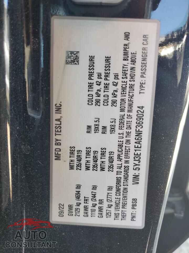 TESLA MODEL 3 2022 - 5YJ3E1EA6NF369024