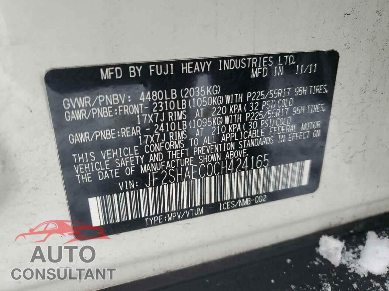 SUBARU FORESTER 2012 - JF2SHAEC0CH424165