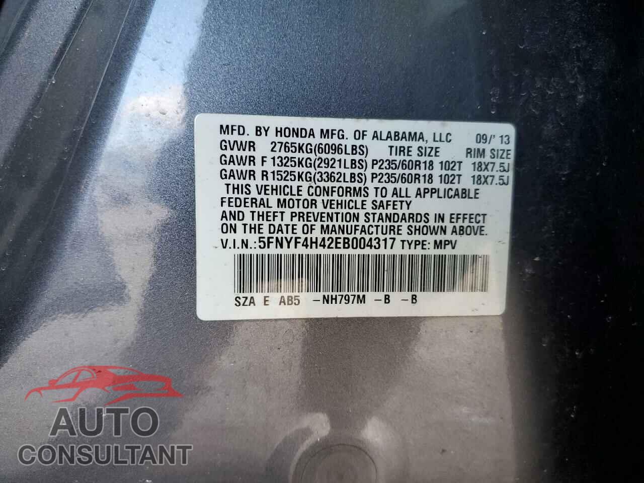 HONDA PILOT 2014 - 5FNYF4H42EB004317