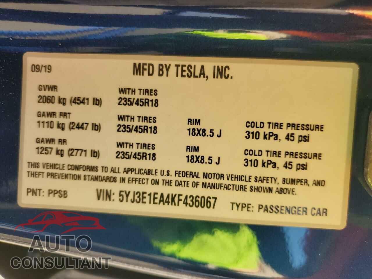 TESLA MODEL 3 2019 - 5YJ3E1EA4KF436067