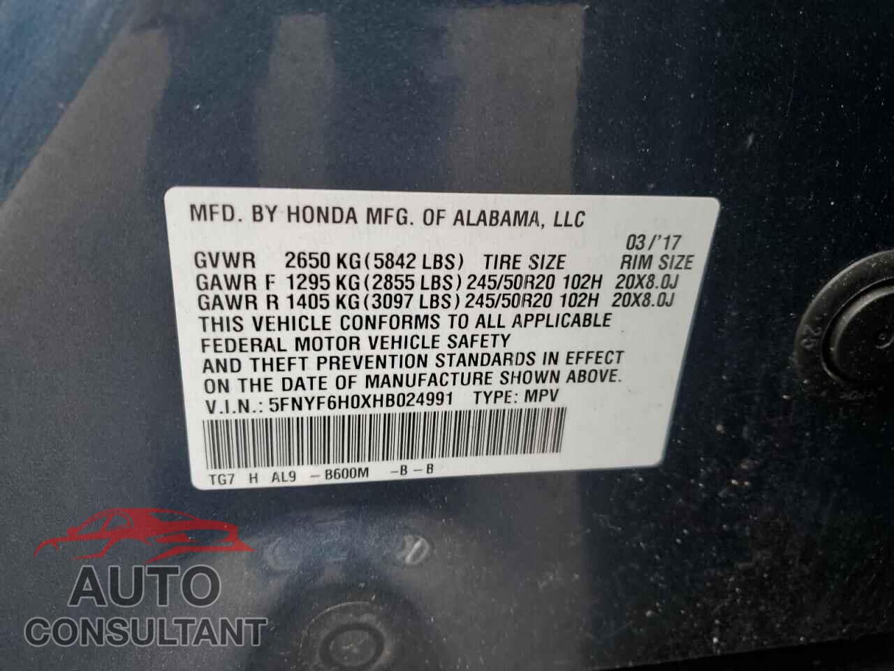 HONDA PILOT 2017 - 5FNYF6H0XHB024991