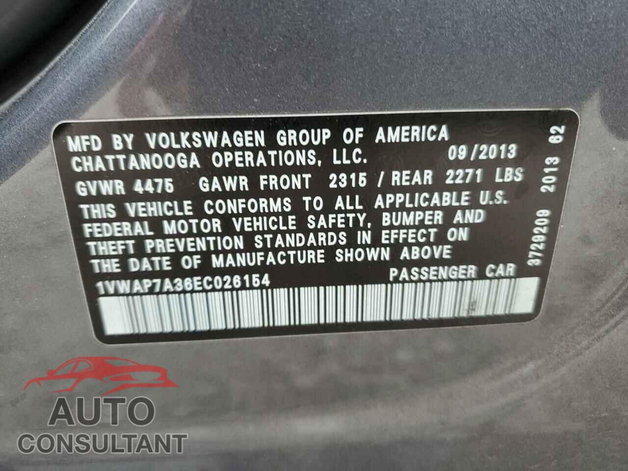 VOLKSWAGEN PASSAT 2014 - 1VWAP7A36EC026154