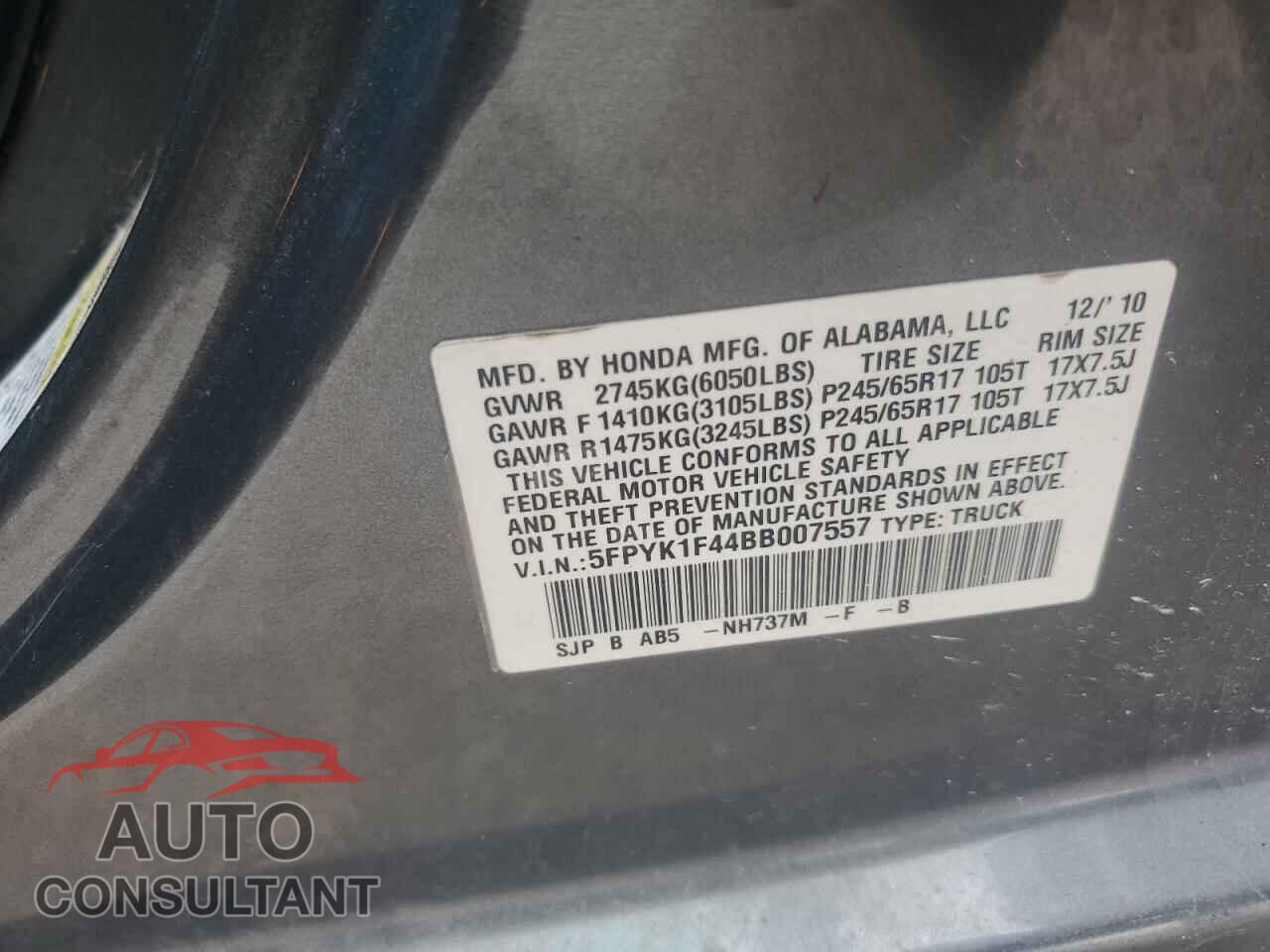 HONDA RIDGELINE 2011 - 5FPYK1F44BB007557
