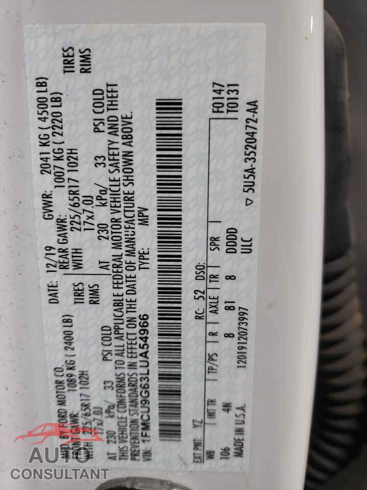 FORD ESCAPE 2020 - 1FMCU9G63LUA54966