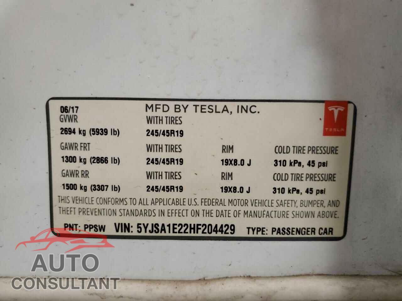 TESLA MODEL S 2017 - 5YJSA1E22HF204429