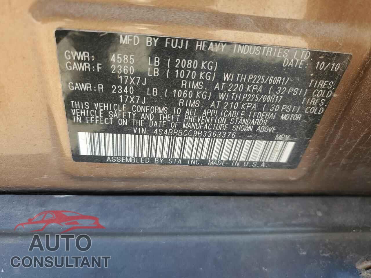SUBARU OUTBACK 2011 - 4S4BRBCC9B3363376