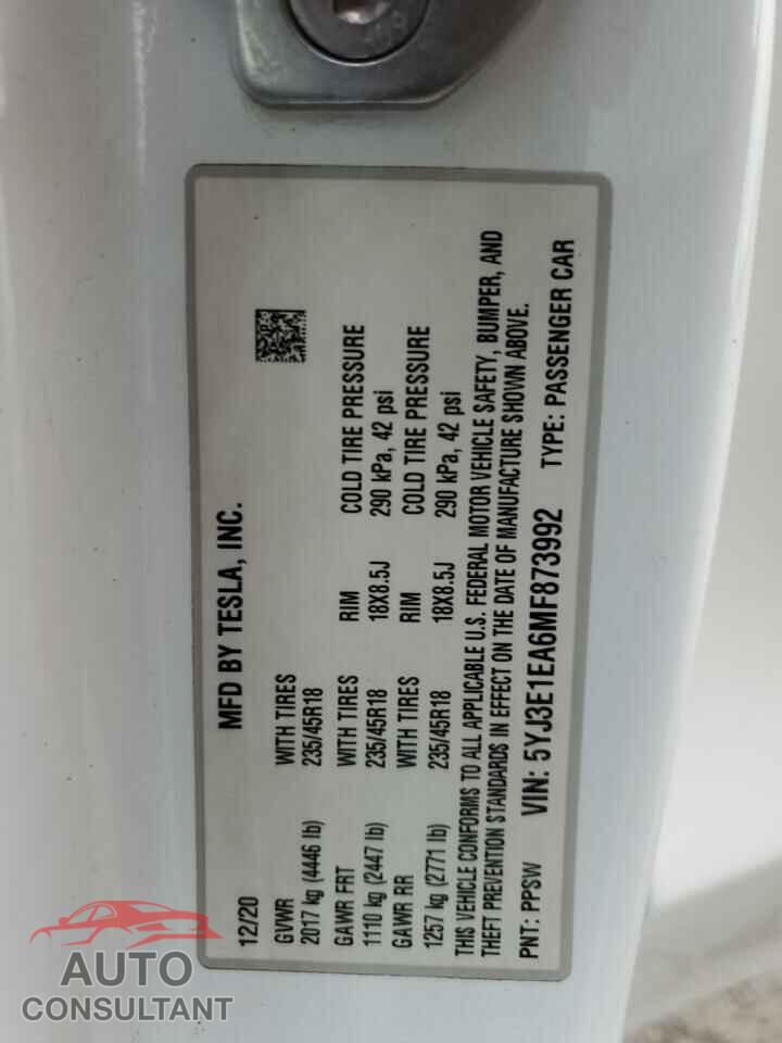 TESLA MODEL 3 2021 - 5YJ3E1EA6MF873992