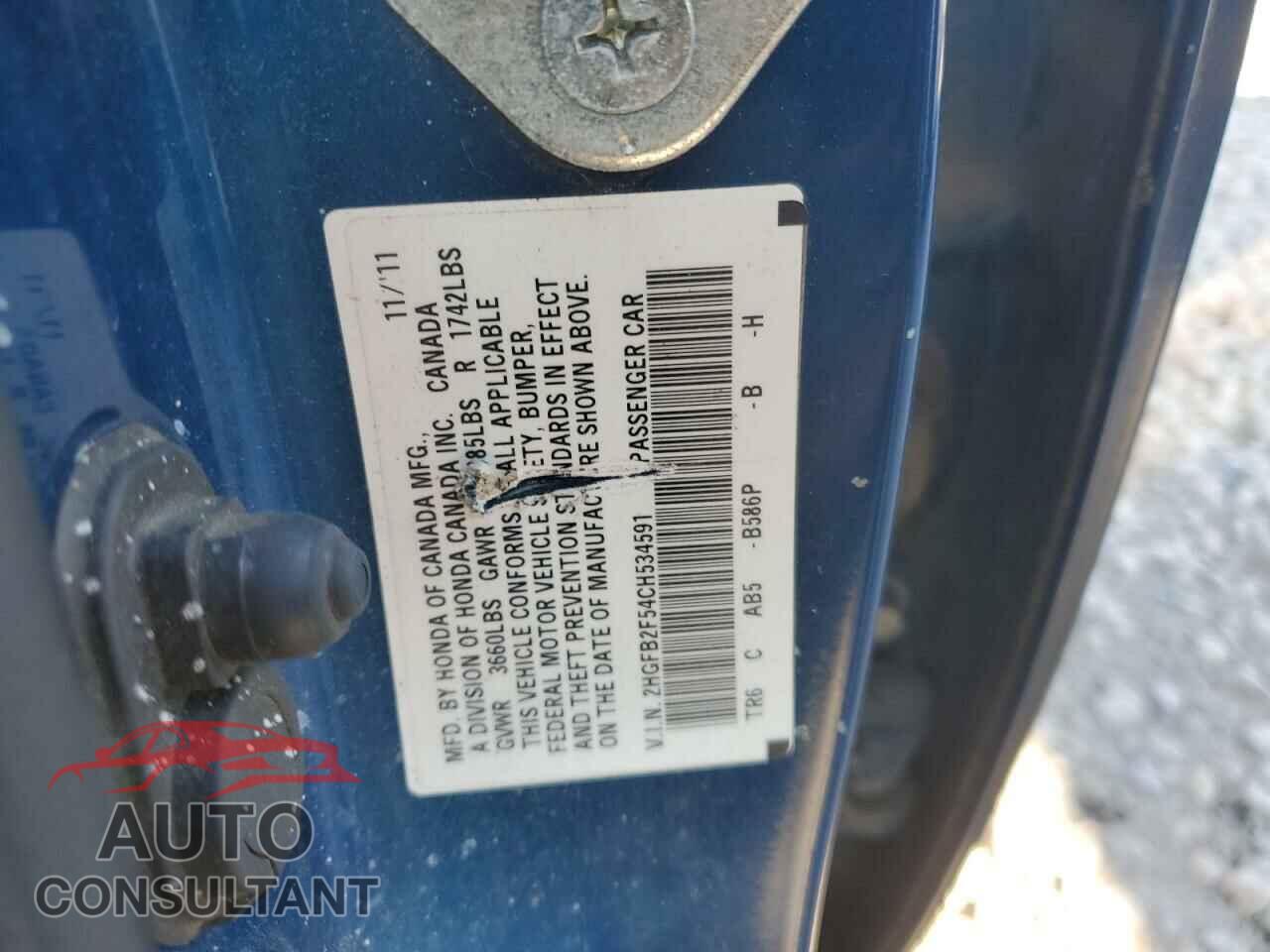 HONDA CIVIC 2012 - 2HGFB2F54CH534591