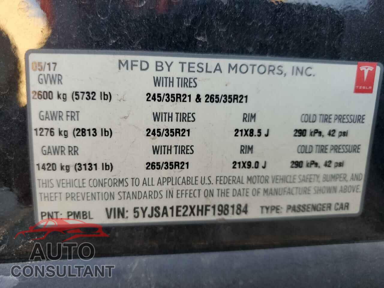 TESLA MODEL S 2017 - 5YJSA1E2XHF198184
