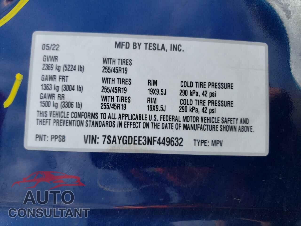TESLA MODEL Y 2022 - 7SAYGDEE3NF449632