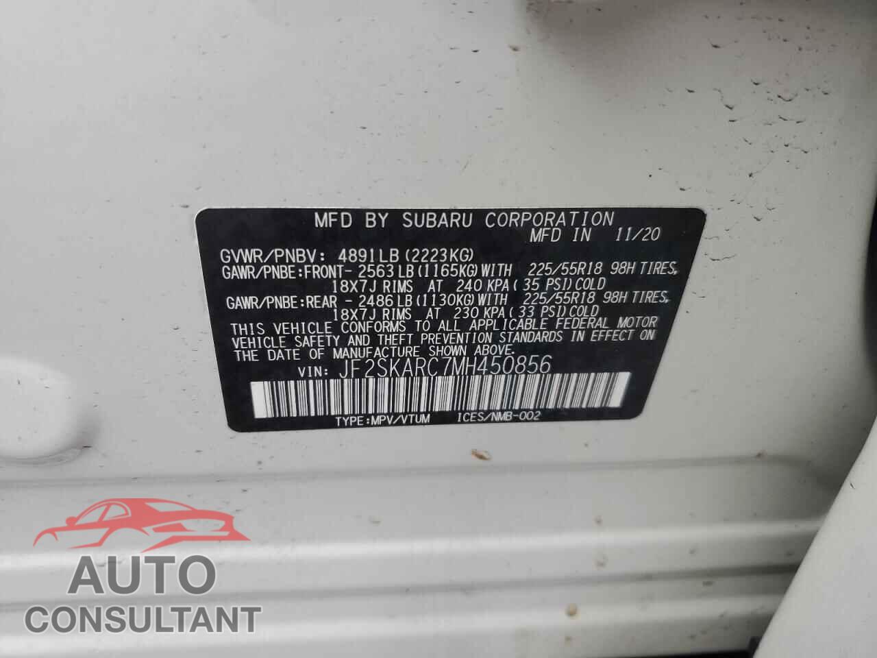SUBARU FORESTER 2021 - JF2SKARC7MH450856