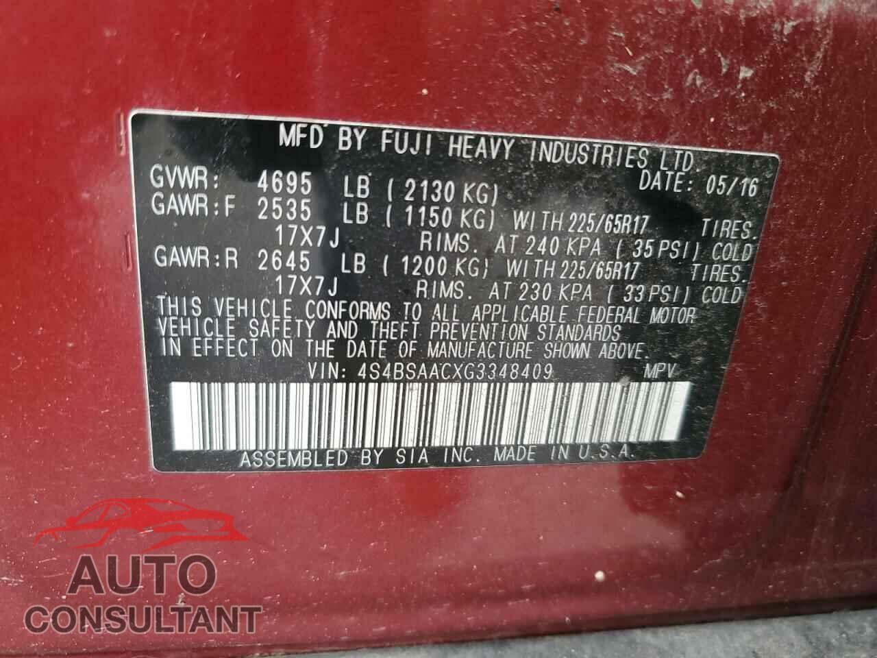 SUBARU OUTBACK 2016 - 4S4BSAACXG3348409