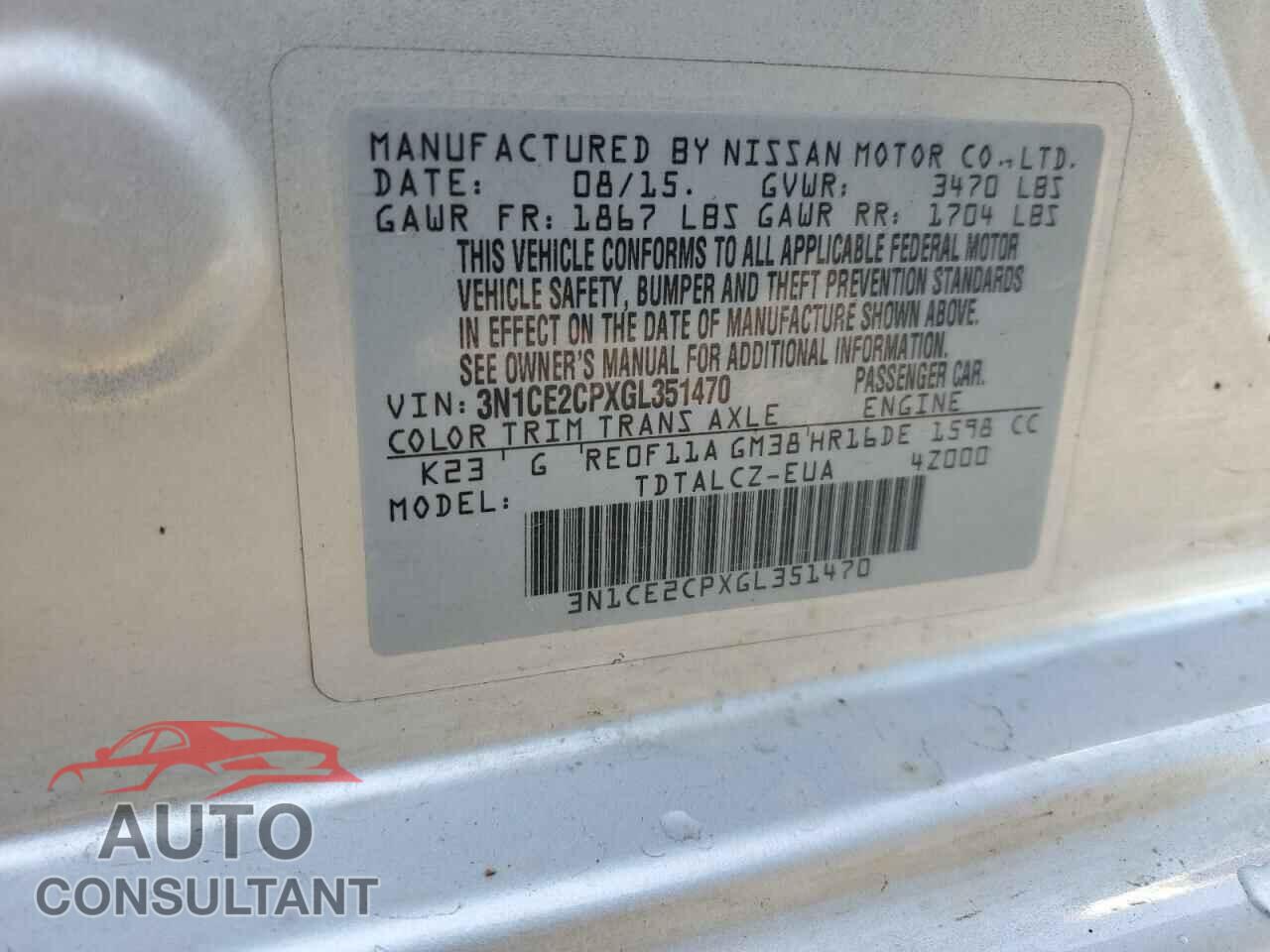 NISSAN VERSA 2016 - 3N1CE2CPXGL351470