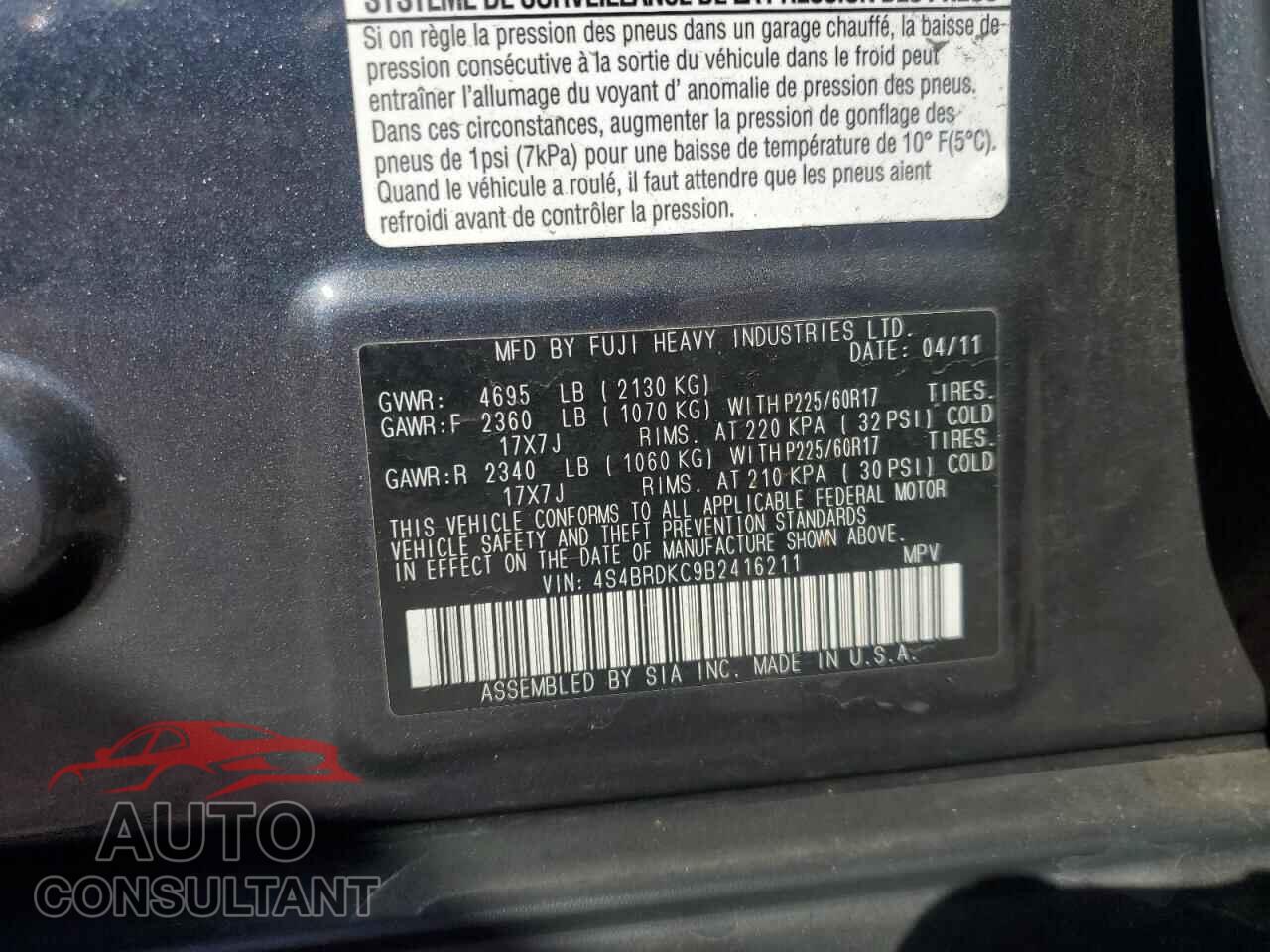 SUBARU OUTBACK 2011 - 4S4BRDKC9B2416211